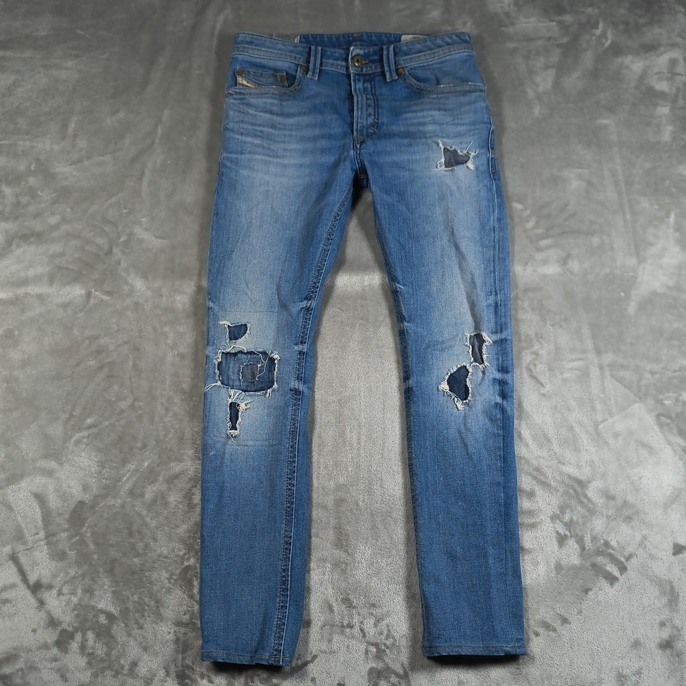 Diesel Thavar Slim Skinny Jeans Mens 30x27 Blue Denim Distressed Patchwork Faded